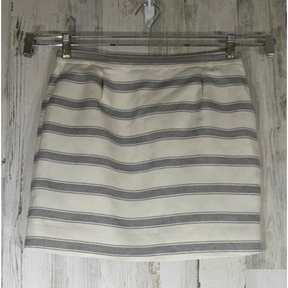 J Crew Mini Skirt 8 Cream Blue Striped Linen Silk Blend A-Line Preppy Career